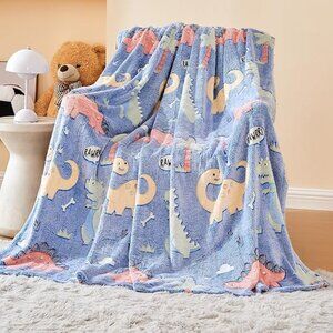Glow-in-the-Dark, Soft Dinosaur Blanket- Kids Fleece Throw- Boys 50"x60"- BLUE